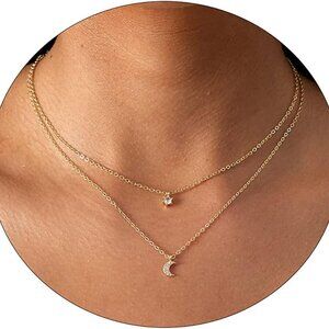 Diamond Necklaces for Women, Dainty 14k Gold Plated Leaf Pendant Necklace Layere